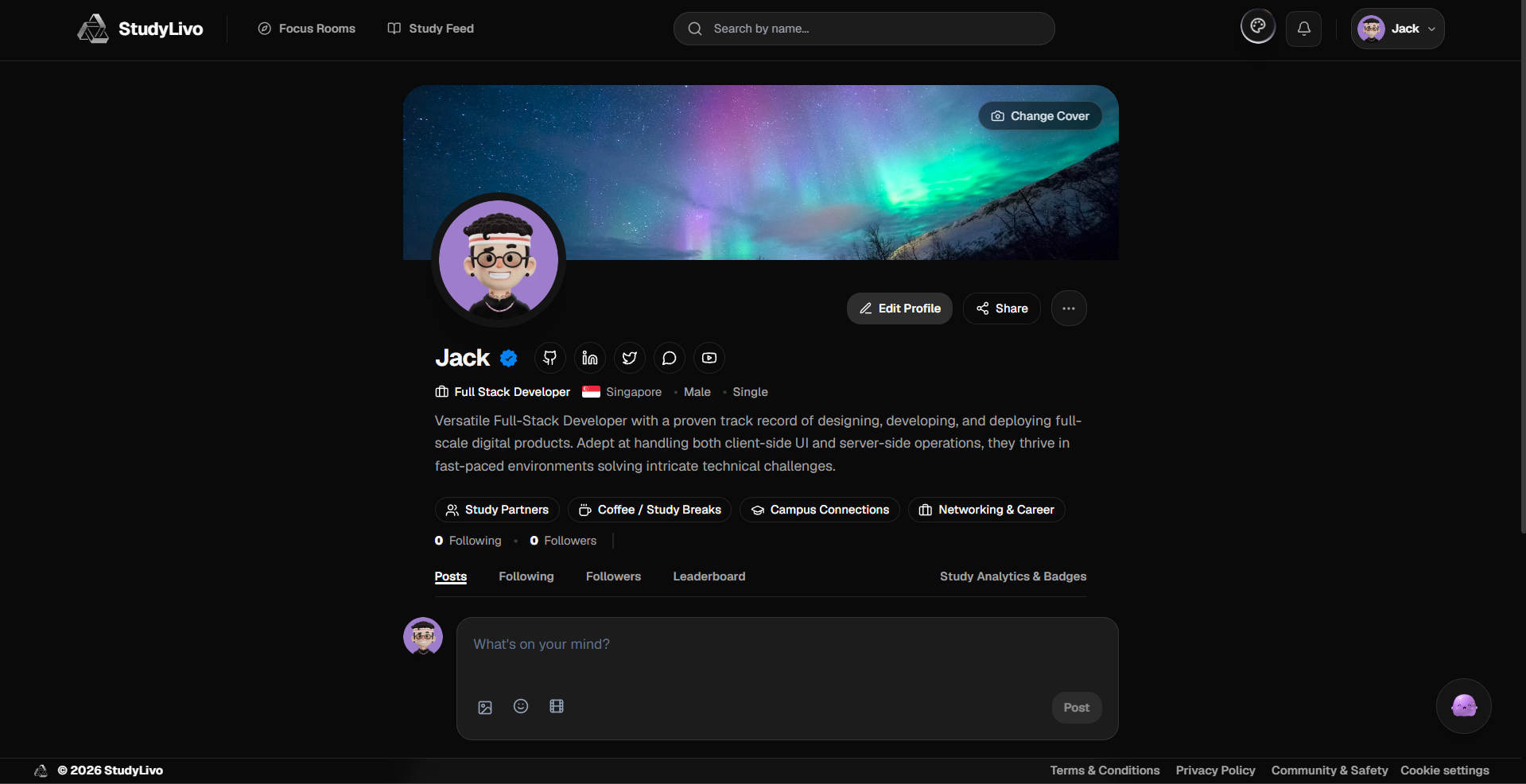 StudyLivo profile with cover photo, study details, and a post composer